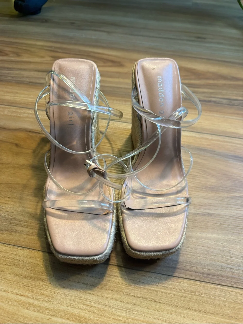 Madden Girl Clear-Strap Espadrille Wedges in Blush